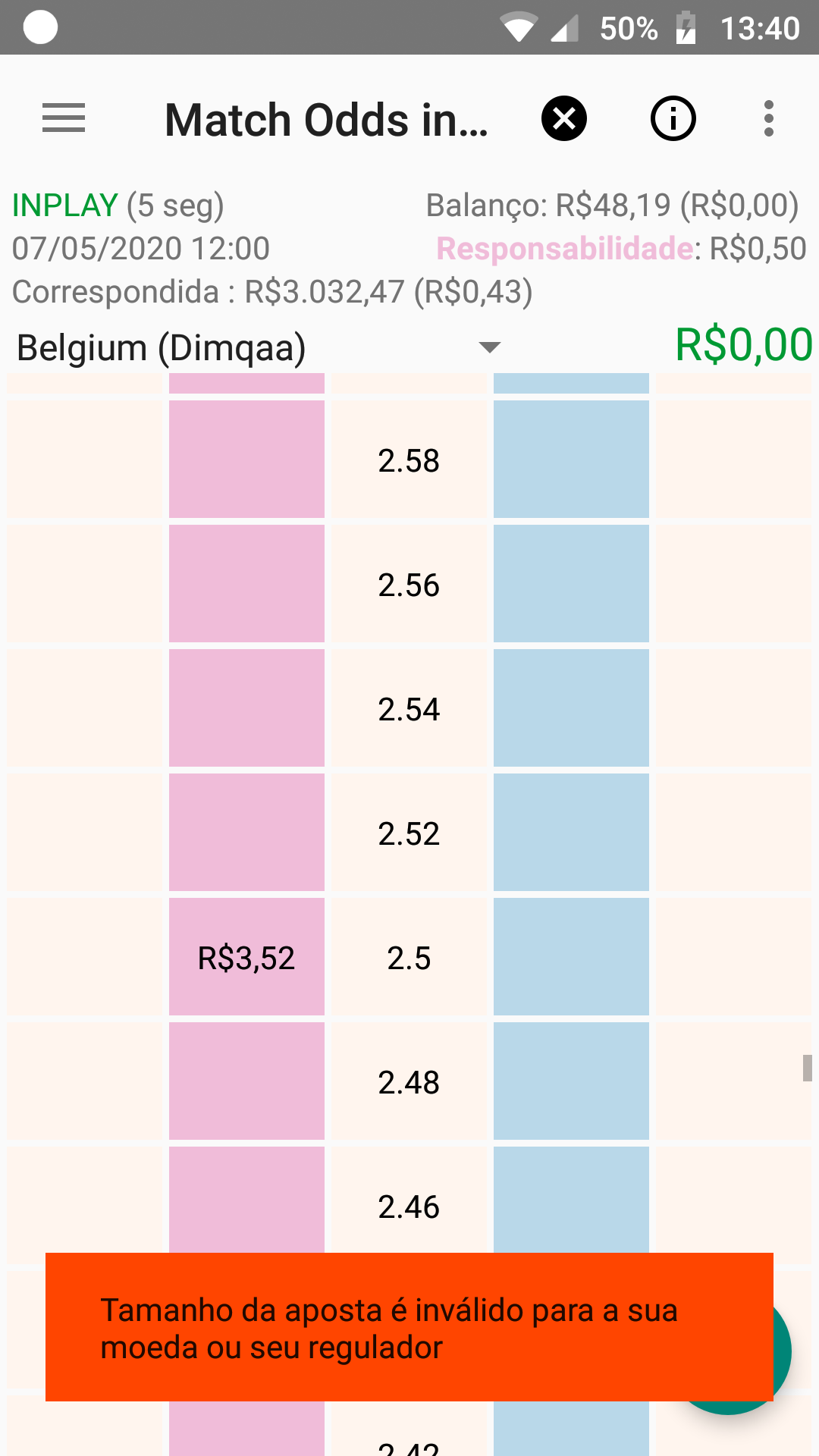 Não consigo apostar em lay, por favor me ajudem