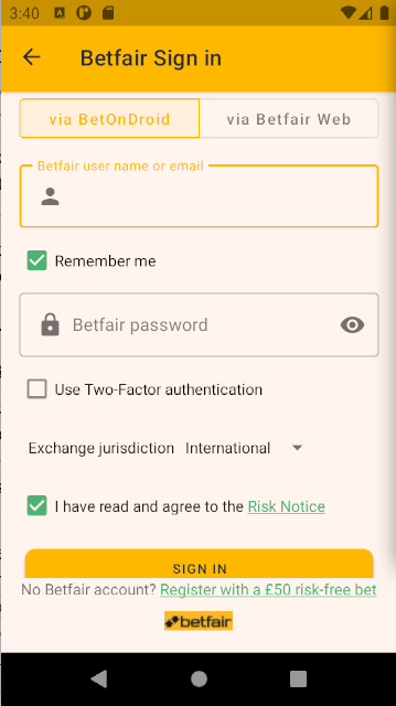 Екран входу BetOnDroid з двома вкладками: через BetOnDroid і через Betfair Web