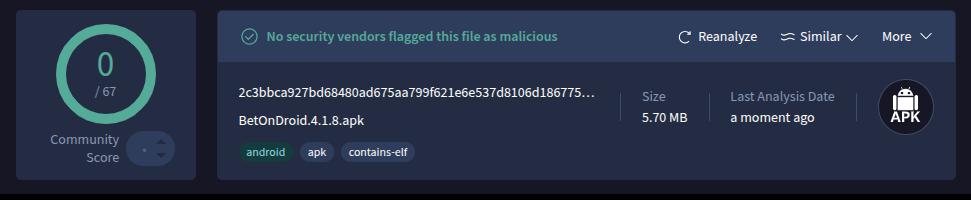 BetOnDroid 4.1.8 APK clean scan on VirusTotal — 0/67 antivirus detections